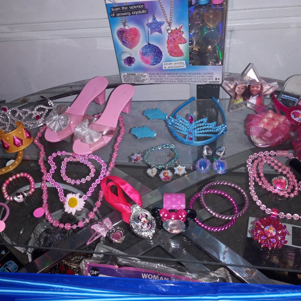 3 tiaras, 3 princess heels & aprx 40pc jewelry